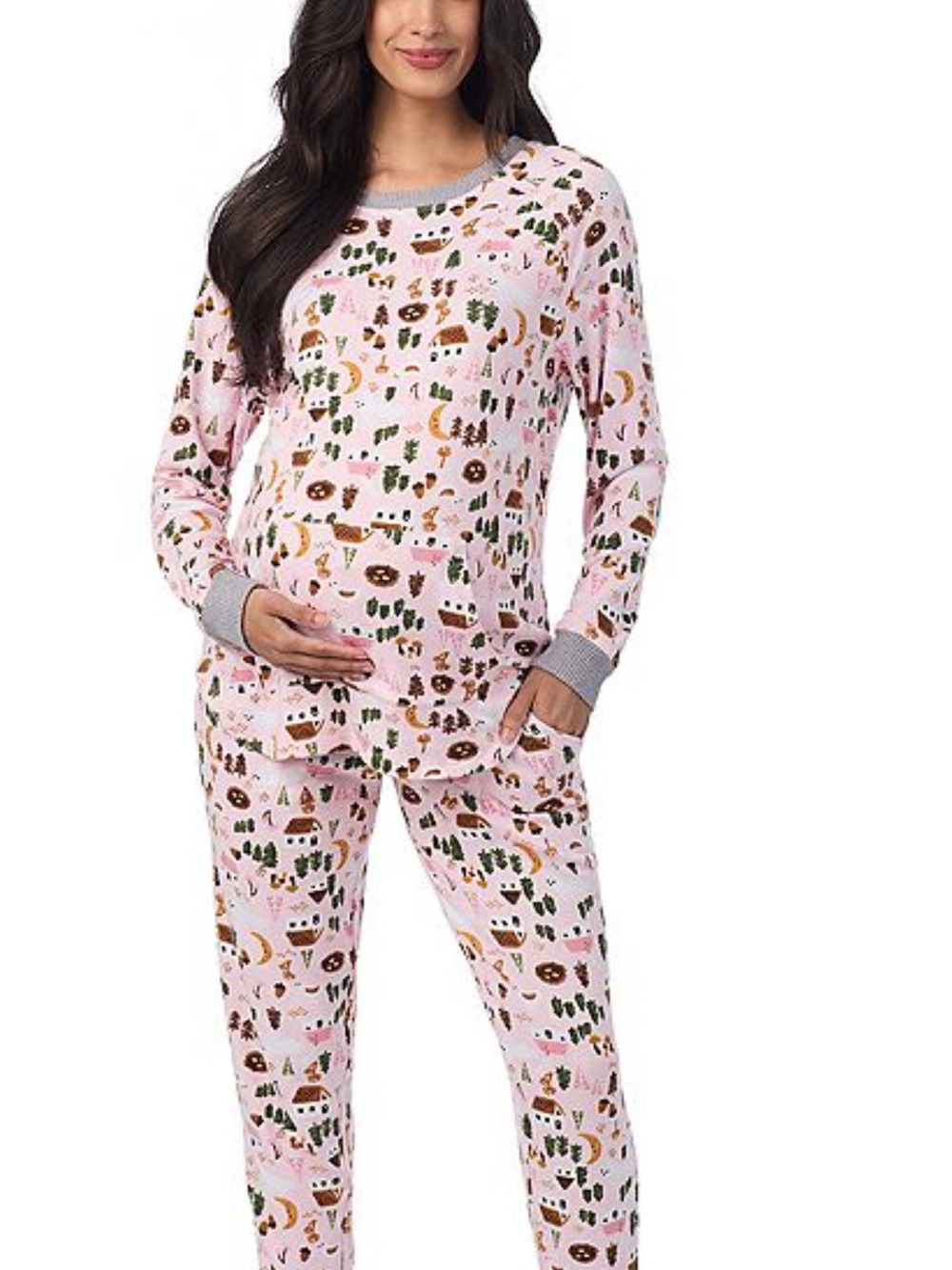 Cuddl Duds Pink Maternity Pajama Set with Woodland Print